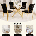 51'' Glass Dining Table Set for 4, Modern Rectangular Dining Room Table with Gold Metal Legs & 4 Upholstered Velvet Dining Chairs, Space-Saving Kitchen Table Set for Small Spaces, Apartment(Black)