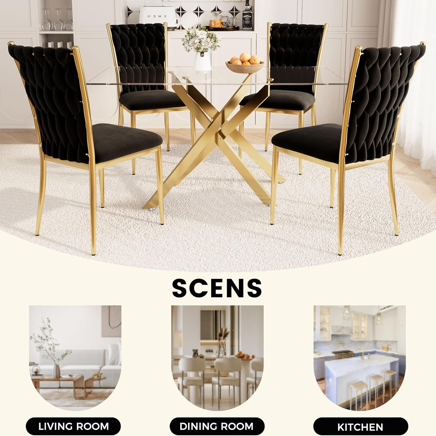 51'' Glass Dining Table Set for 4, Modern Rectangular Dining Room Table with Gold Metal Legs & 4 Upholstered Velvet Dining Chairs, Space-Saving Kitchen Table Set for Small Spaces, Apartment(Black)