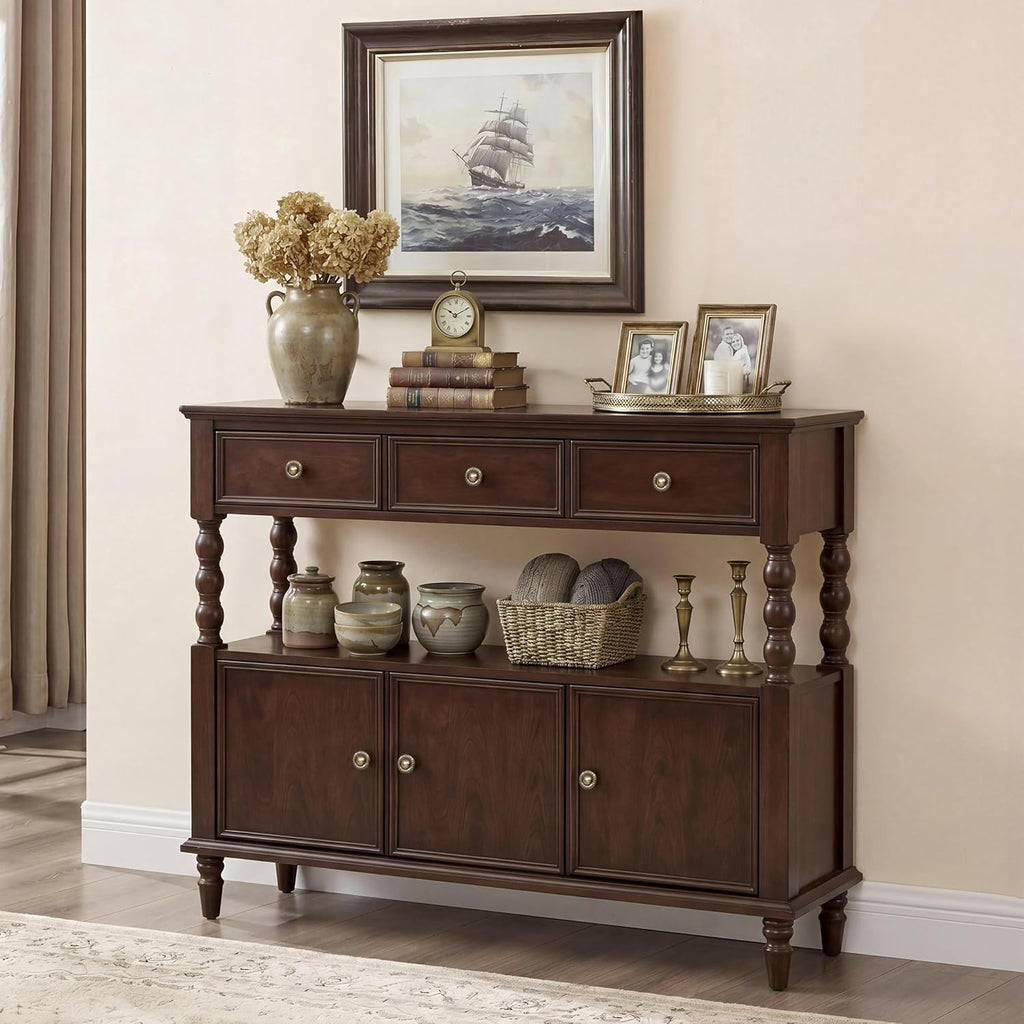 45.3'' Solid Wood Console Table, Retro Sofa Table with 3 Drawers & 2 Cabinet, Long Behind Couch Accent Table Console Table Narrow Entryway Table for Living Room, Foyer, Hallway