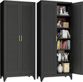 75" Tall Kitchen Storage Cabinets with 5 Adjustable Shelves, Black | Metal Storage Cabinet, Pantry with Louvered Doors, Large Cupboard, Locker for Kitchen, Office, School, Living Room, Dining