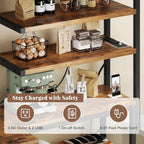 L-Shaped Bakers Rack with Power Outlet, 6-Tier Microwave Stand with Open Storage, Coffee Bar with Hooks, Mesh Grid, Kitchen Shelf with Wire Basket, Rustic Brown and Black