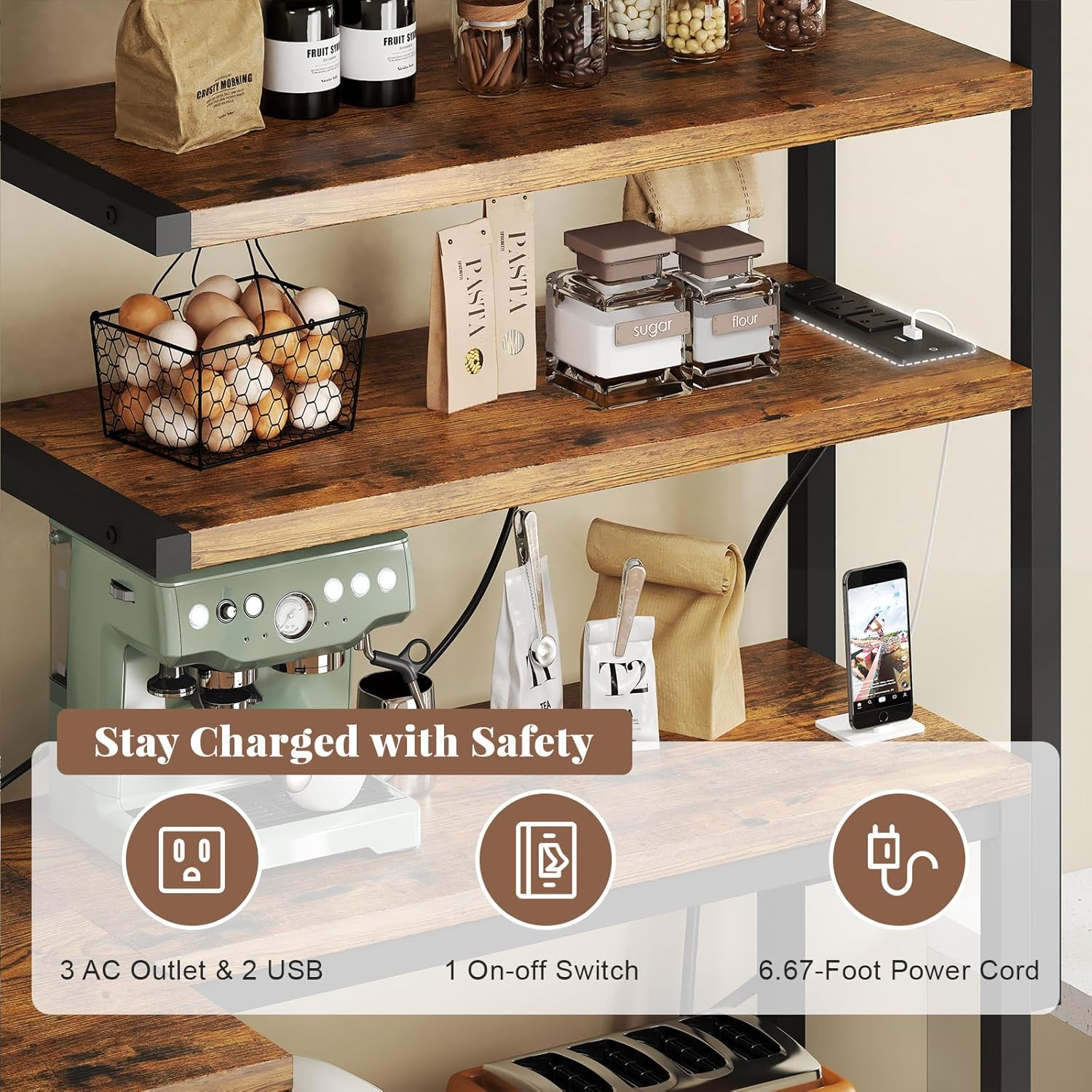 L-Shaped Bakers Rack with Power Outlet, 6-Tier Microwave Stand with Open Storage, Coffee Bar with Hooks, Mesh Grid, Kitchen Shelf with Wire Basket, Rustic Brown and Black