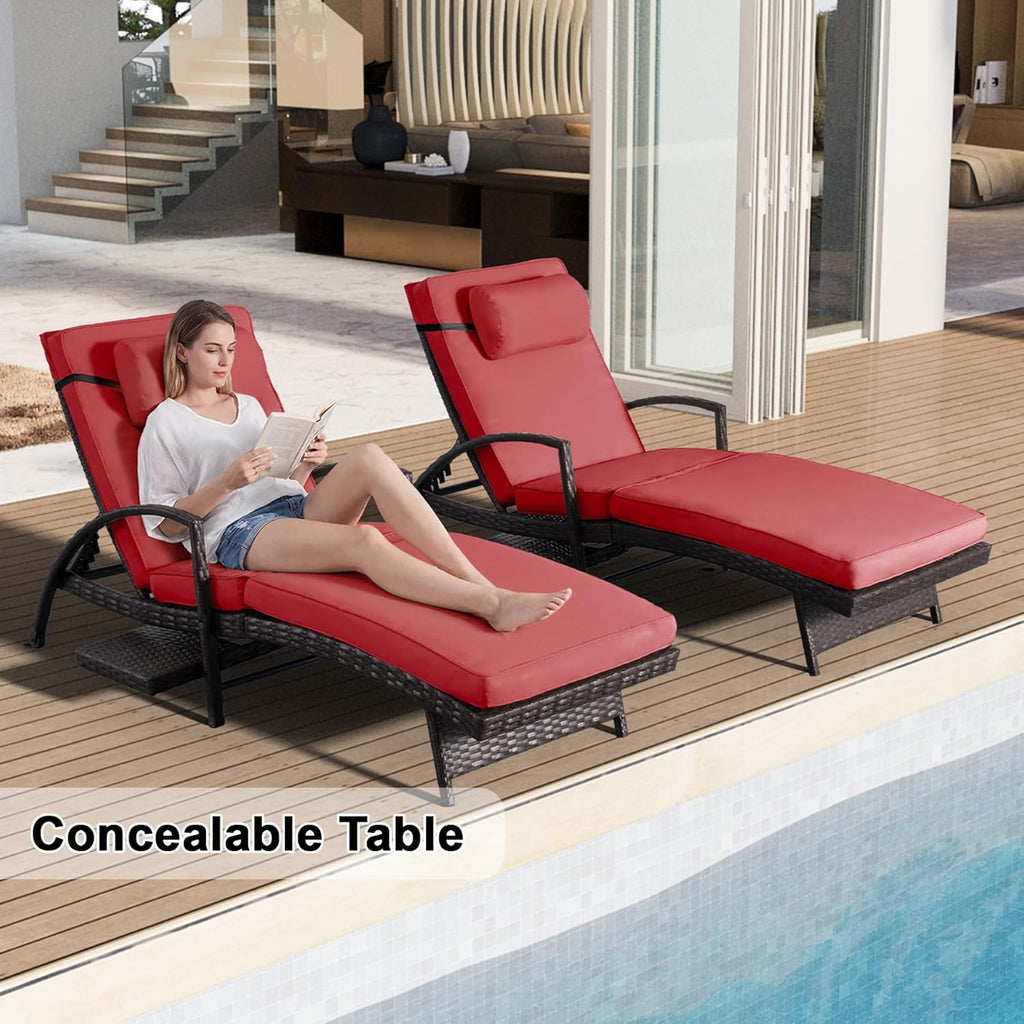 Outdoor Patio Chaise Chair Wicker Lounge Chairs for Outside Pool Chaise Lounge Set of 2 PE Rattan Recliners with Side Shelf & 6-Position Adjustable for Deck Yard Beach Poolside, Red