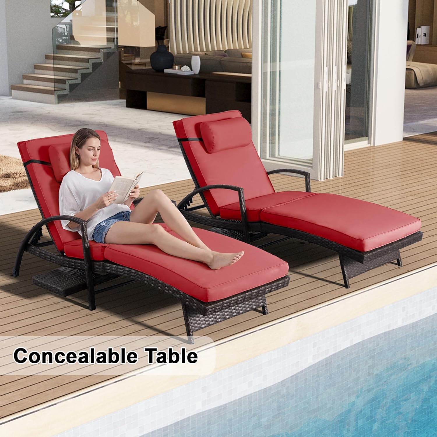 Outdoor Patio Chaise Chair Wicker Lounge Chairs for Outside Pool Chaise Lounge Set of 2 PE Rattan Recliners with Side Shelf & 6-Position Adjustable for Deck Yard Beach Poolside, Red