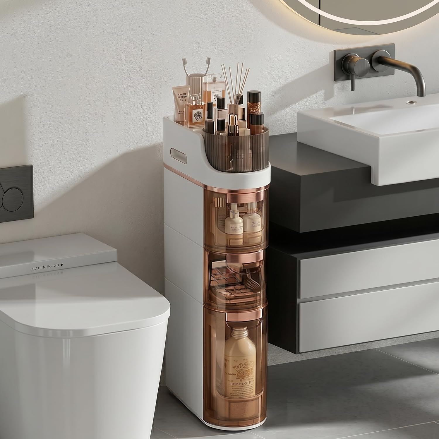 VECELO 3-Tier Slim Bathroom Storage Cabinet with Wheels, Skinny Bathroom Storage Cabinet with Drawers, Toilet Paper Holder, Movable Narrow Floor Cabinet for Small Space, Bathroom