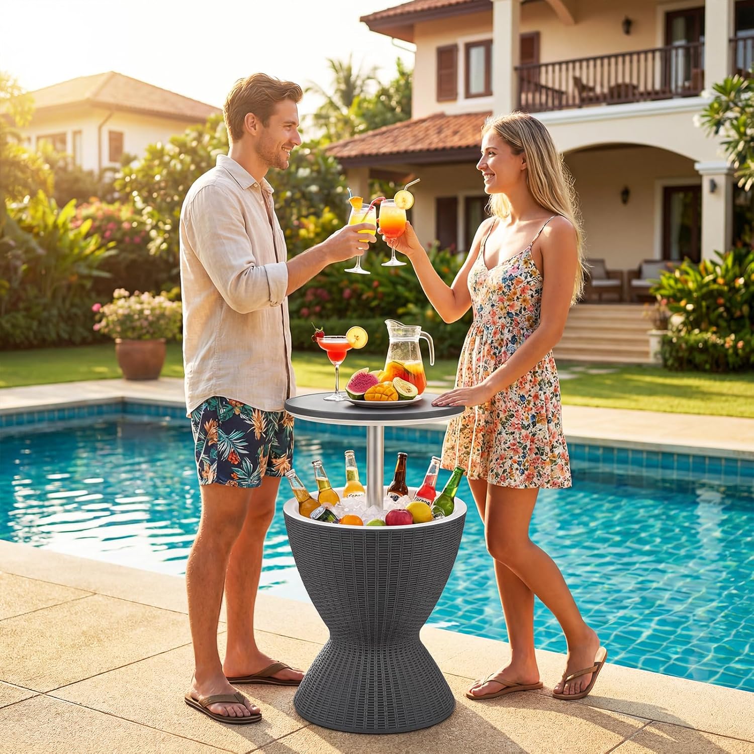 Giantex Outdoor Ice Cooler Side Table with Adjustable Height, 8 Gal Beverage Bucket with Drain Plug, Rattan Patio Bar Table for Poolside, Deck, BBQ & Backyard Parties