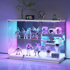 Lvifur RGB Glass Display Cabinet - with Lock, High Gloss Curio Cabinet Sideboard with Human Body Sensor & Glass Shelves for Toys, Books, Collectibles, Bookcase for Living Room, Kitchen, Study, White