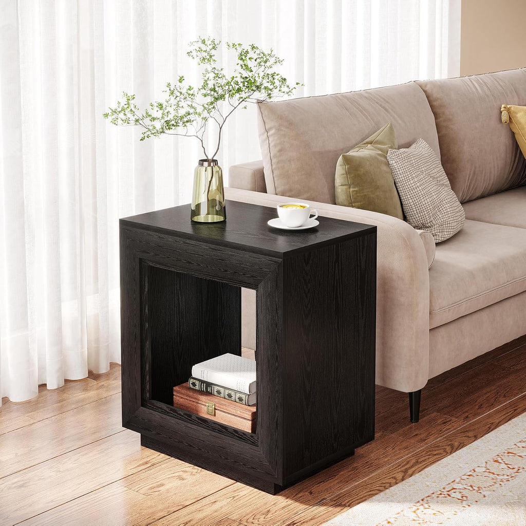 Tribesigns Rustic Wood End Table, 2 Tiered Square Side Table with Storage Shelf, Industrial Sofa Side Table for Living Room, Entrance (2, Black)