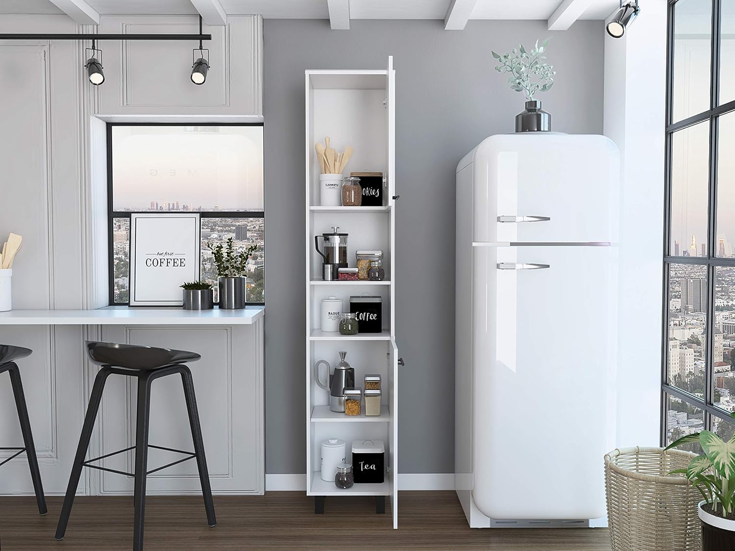 Pantry,Four Legs,Three Interior Shelves,Two Shelves,Two Cabinets for Kitchen,Laundry,Living Room,Bedroom-White,15.7 * 13.7 * 13.7