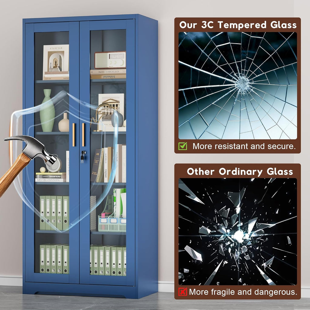 UNICOLY Lockable Display Cabinet with Glass Doors, Curio Cabinets with 4 Adjustable Shelves, Liquor Bookcase Bookshelf with Doors, Metal Storage Cabinet for Living Room Pantry, Blue