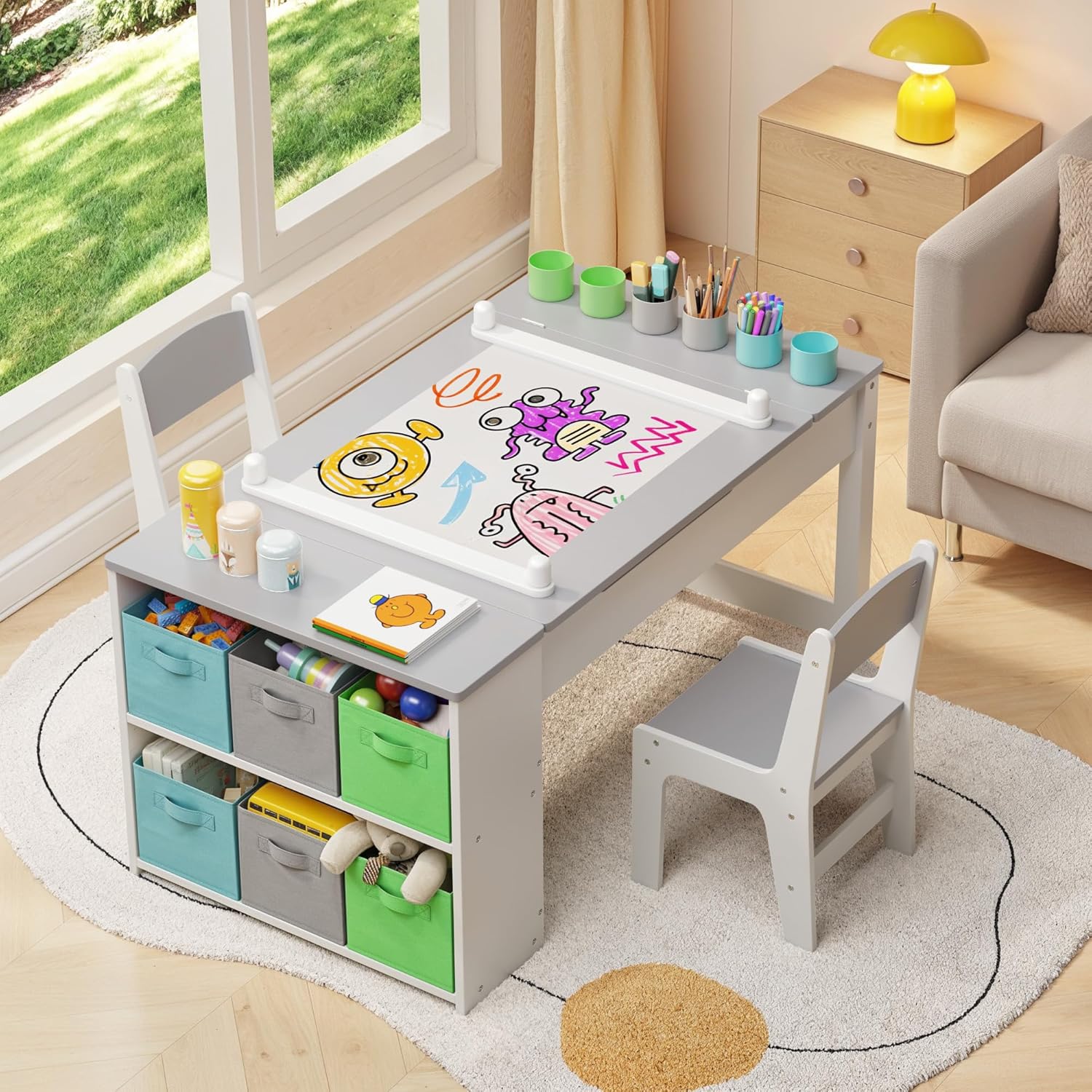 Gizoon Kids Art Table and Chairs with Removable Tabletop Storage,Toddler Craft Table and Chair Set for Drawing Studying Playing Wooden Kid Acitivity Table in Playroom Kids Room Living Room, Gray
