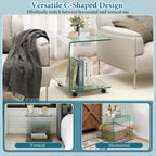 Tangkula Tempered Glass Side Table, Modern C-Shaped Bedside Table Nightstand with Storage Shelf, 4 Lockable Universal Wheels, Rolling Sofa End Table for Living Room Bedroom Office (1, Transparent)
