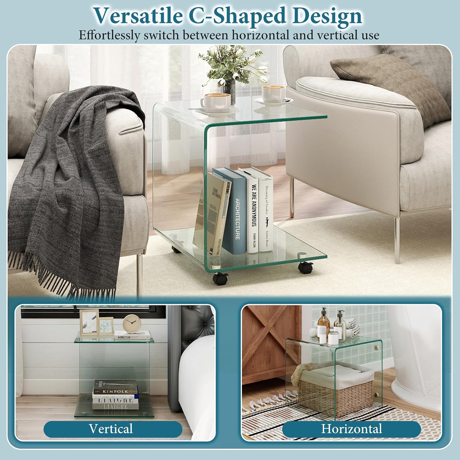 Tangkula Tempered Glass Side Table, Modern C-Shaped Bedside Table Nightstand with Storage Shelf, 4 Lockable Universal Wheels, Rolling Sofa End Table for Living Room Bedroom Office (1, Transparent)