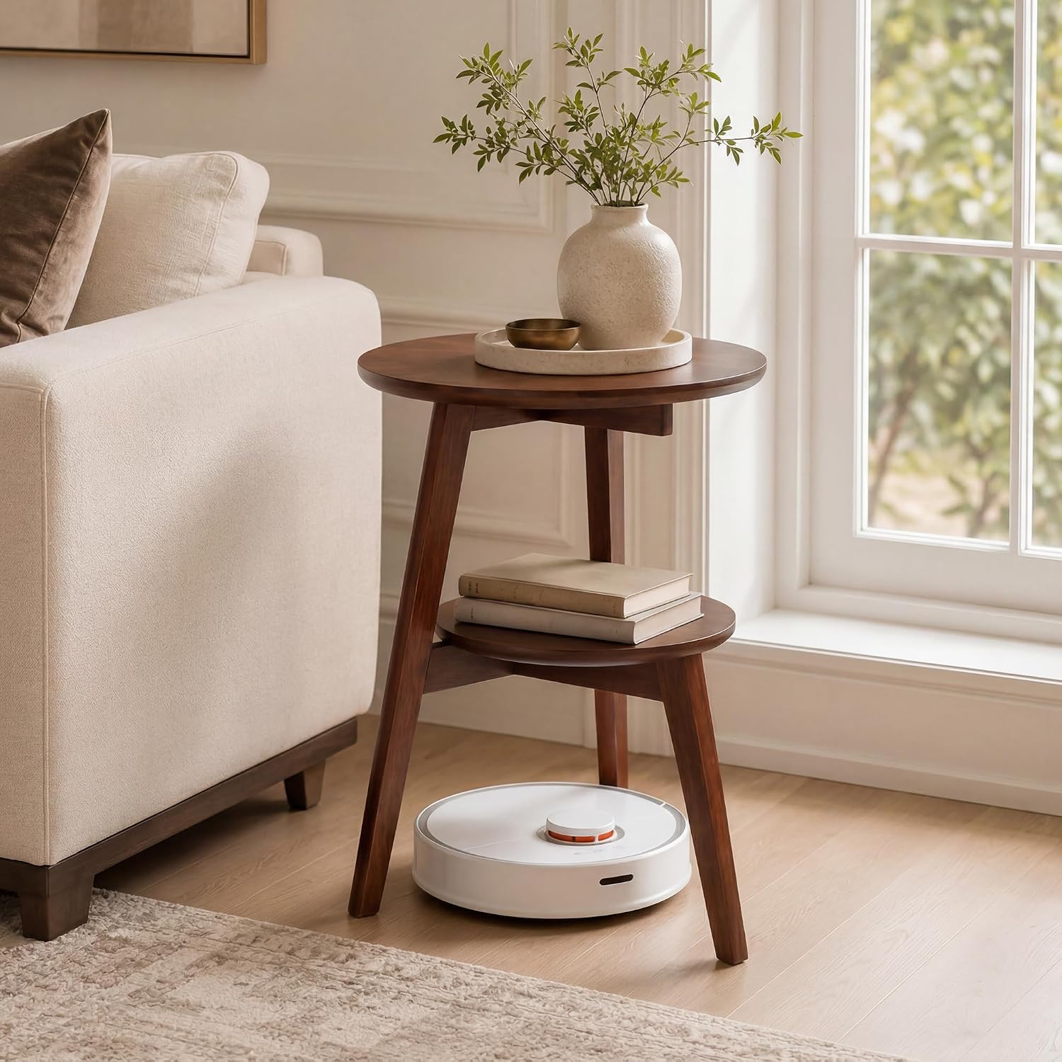 Side Table, 2-Tier Round Solid Wood End Table, Mid Century Modern Couch Side Table/Nightstand, Oak Accent Table for Small Space, Bedrooms, Living Room(Walnut)