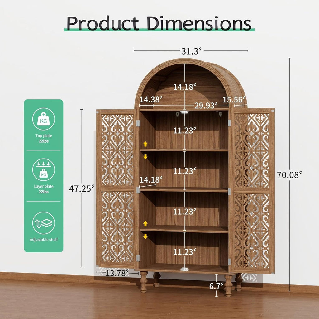Arched Kitchen Pantry Cabinet,71" Tall Mid-Century Modern Arched Bookcase Vintage Storage Cabinet with Geometric Door and Adjustable Shelves,Bohemian Cupboard for Living Room,Dining Room