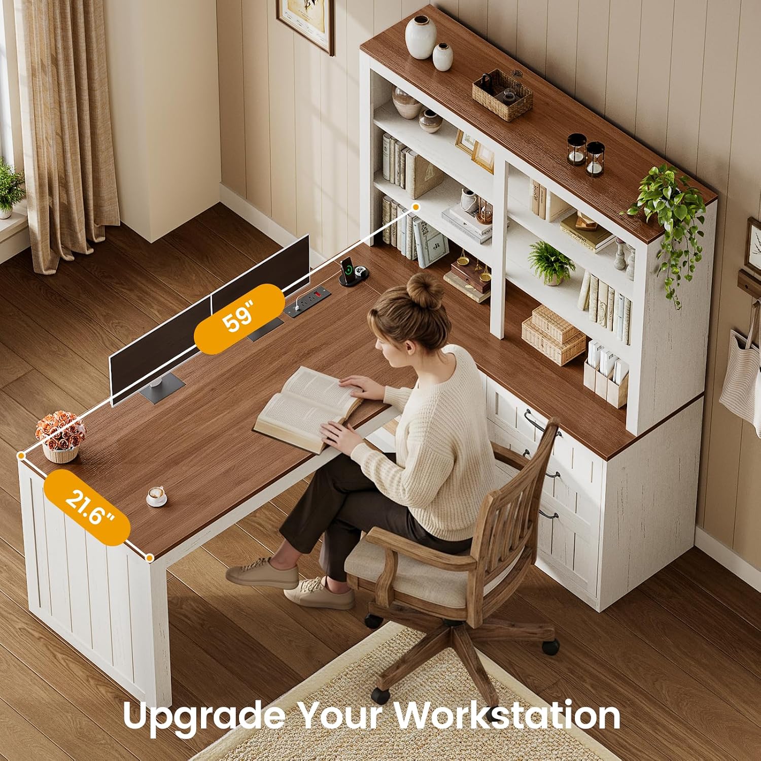 SEDETA Farmhouse L Shaped Computer Desk, 59'' Wood Office Desk with 3 Drawers and 5-Tier Bookshelf, Corner Desk with Storage Shelves and Power Outlet for Home Office Small Space, Vintage White + Brown