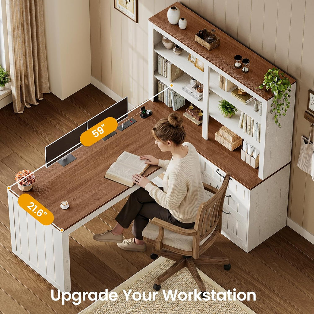 SEDETA Farmhouse L Shaped Computer Desk, 59'' Wood Office Desk with 3 Drawers and 5-Tier Bookshelf, Corner Desk with Storage Shelves and Power Outlet for Home Office Small Space, Vintage White + Brown