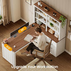 SEDETA Farmhouse L Shaped Computer Desk, 59'' Wood Office Desk with 3 Drawers and 5-Tier Bookshelf, Corner Desk with Storage Shelves and Power Outlet for Home Office Small Space, Vintage White + Brown