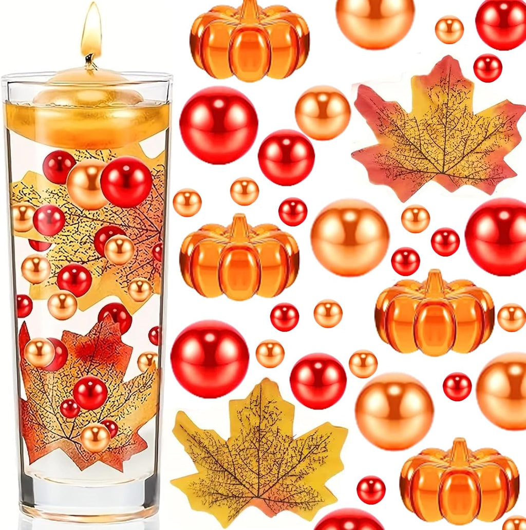 190PCS Thanksgiving Vases Fillers, Orange Red Beads Faux Pumpkin Maple Leaf Table Party Festive Decoration(Pumpkin Maple Leaf Set)