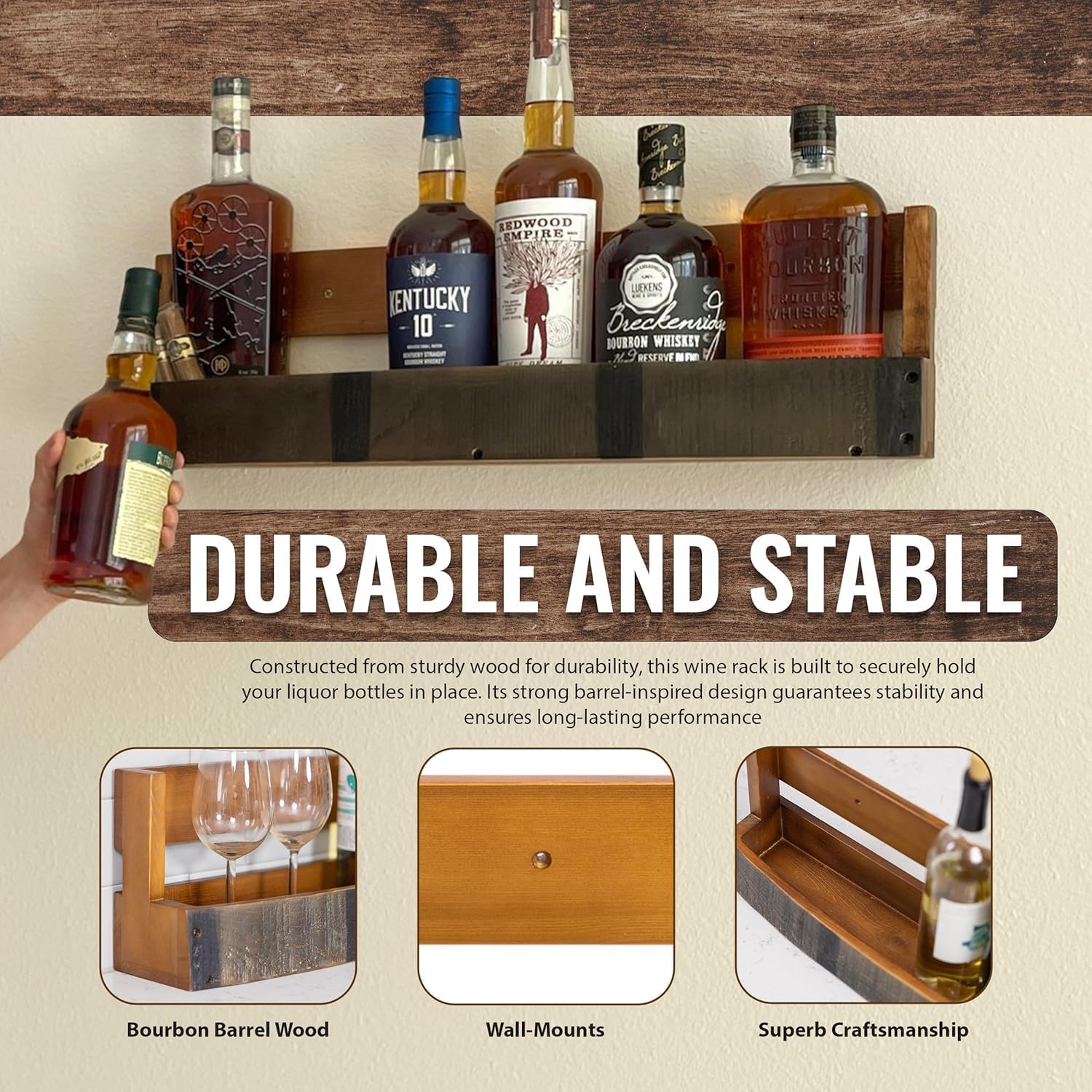 Liquor Bottle Display Shelf – Bar Shelf for Whiskey, Wine & Bourbon – Rustic Wall-Mounted Wooden Shelves, Countertop Rack, Stylish & Space-Saving Small Liquor Cabinet for Enthusiasts (Set of 2)