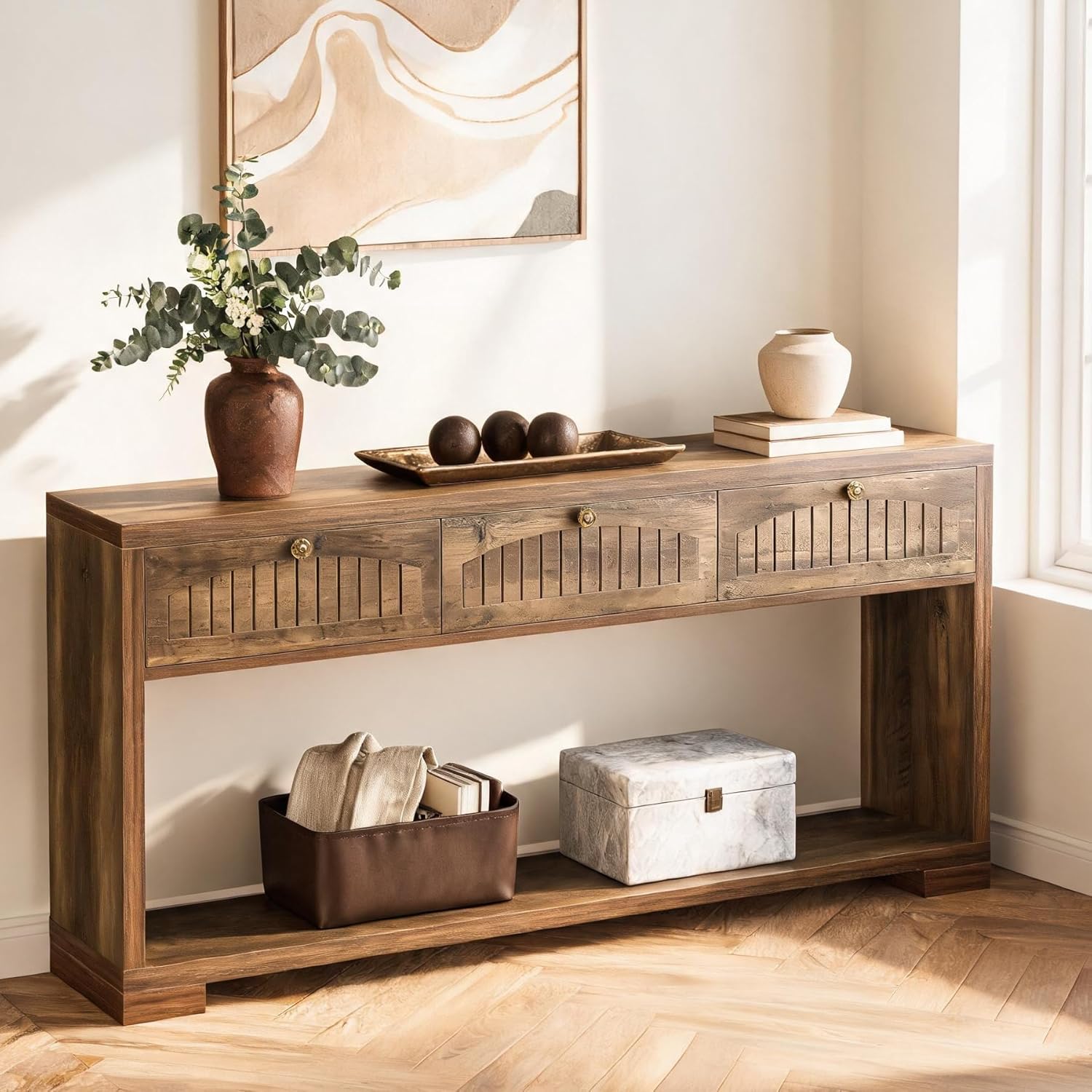 LITTLE TREE Long Entryway Table with 3 Drawers, 70 Inches Farmhouse Console Table for Entry, Behind Sofa, Foyer, Hallway, Behind Couch, Entrance with 2-Tier Storage Shelves, Rustic Brown
