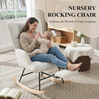 Nursery Rocking Chair with Footrest, Teddy Upholstered Glider Rocker with Side Pocket, Leisure Rocker Chair with High Back, Recliner Rocking Chair, Accent Reading Chair for Bedroom (White)