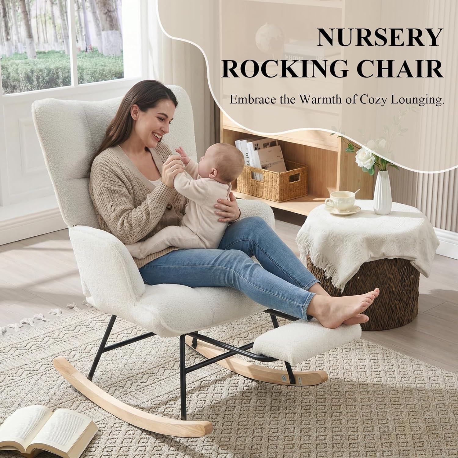 Nursery Rocking Chair with Footrest, Teddy Upholstered Glider Rocker with Side Pocket, Leisure Rocker Chair with High Back, Recliner Rocking Chair, Accent Reading Chair for Bedroom (White)