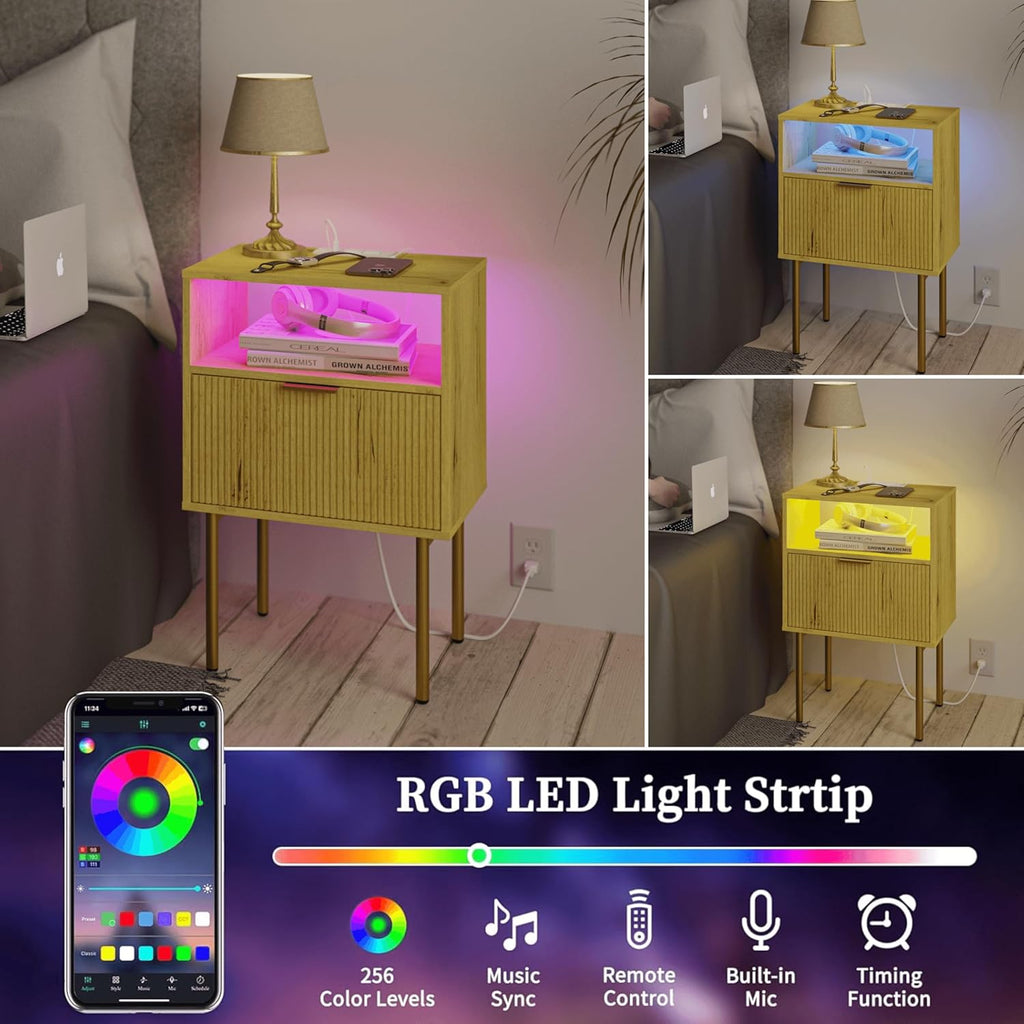 JOONEE Nightstand with Charging Station, Bedside Table with Storage Drawer, Fluted Side Table for Living Room, Bedroom
