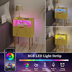 JOONEE Nightstand with Charging Station, Bedside Table with Storage Drawer, Fluted Side Table for Living Room, Bedroom