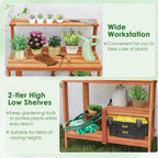 TANGZON Garden Potting Table, Solid Wood Potting Table with Trellis, Open Shelves, Teak Oil Finish, Gardening Workstation & Planting Work Table for Outdoor Patio Backyard Balcony