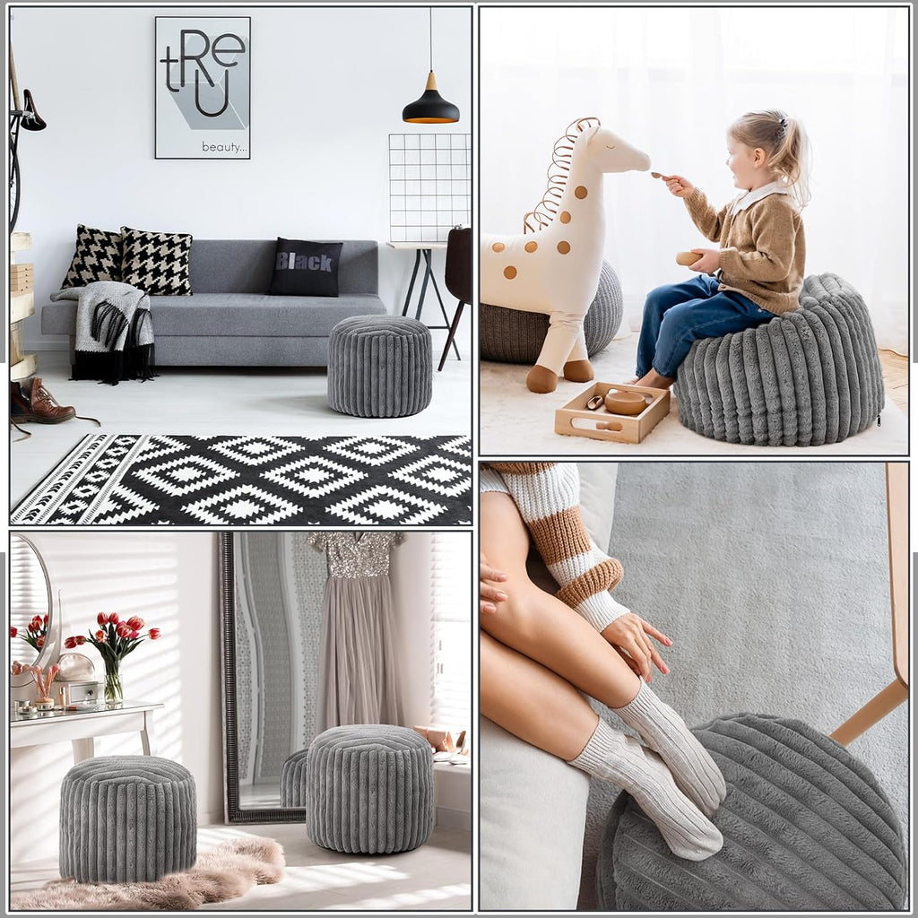 Teenyyou 2 Pcs 20 x 15 Inch Unstuffed Pouf Cover Ottoman Foot Rest - No Filler, Faux Rabbit Fur Foot Stool Floor Bean Bag Floor Chair Storage for Living Room Bedroom Home Decor(Gray)