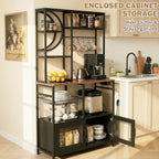 Uieke Bakers Rack with Power Outlet and Storage, Kitchen Bakers Rack with Cabinet & 10 Hooks, Coffee Bar Cabinet, Microwave Stand, 5 Tiers Kitchen Storage Rack for Dining Room & Small Spaces, Black