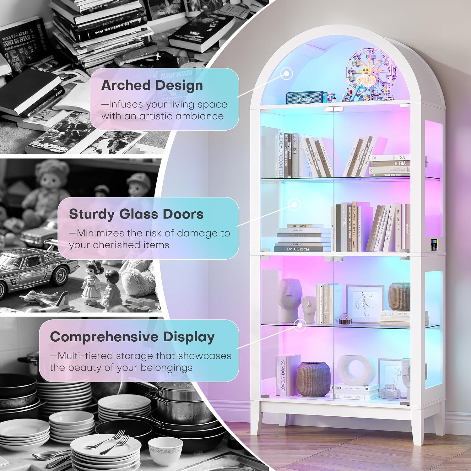 WOOVIVS Glass Display Cabinet with RGB Lights, 69" Tall Curio Cabinet with Rebound Tempered Glass Door, 5-Tier Adjustable Display Case for Living Room (White)