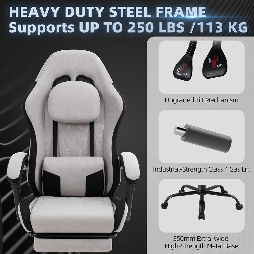 Gaming Chair for Adults, Fabric Gaming Chair with Footrest and Pocket Spring Cushion, Ergonomic Gamer Chair with Lumbar Support, Reclining Computer Gaming Chair with High Back, Grey