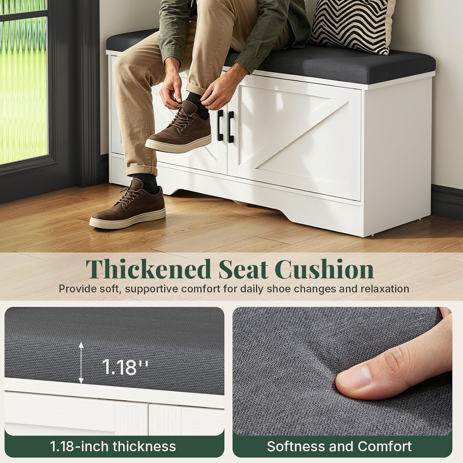 DUMOS 39 Inch Storage Bench, Shoe Organizer Cabinet with Thickened Padded Seat Cushion, Entryway Bench with 2 Doors & Adjustable Shelf for Hallway, Bedroom, Living Room, White