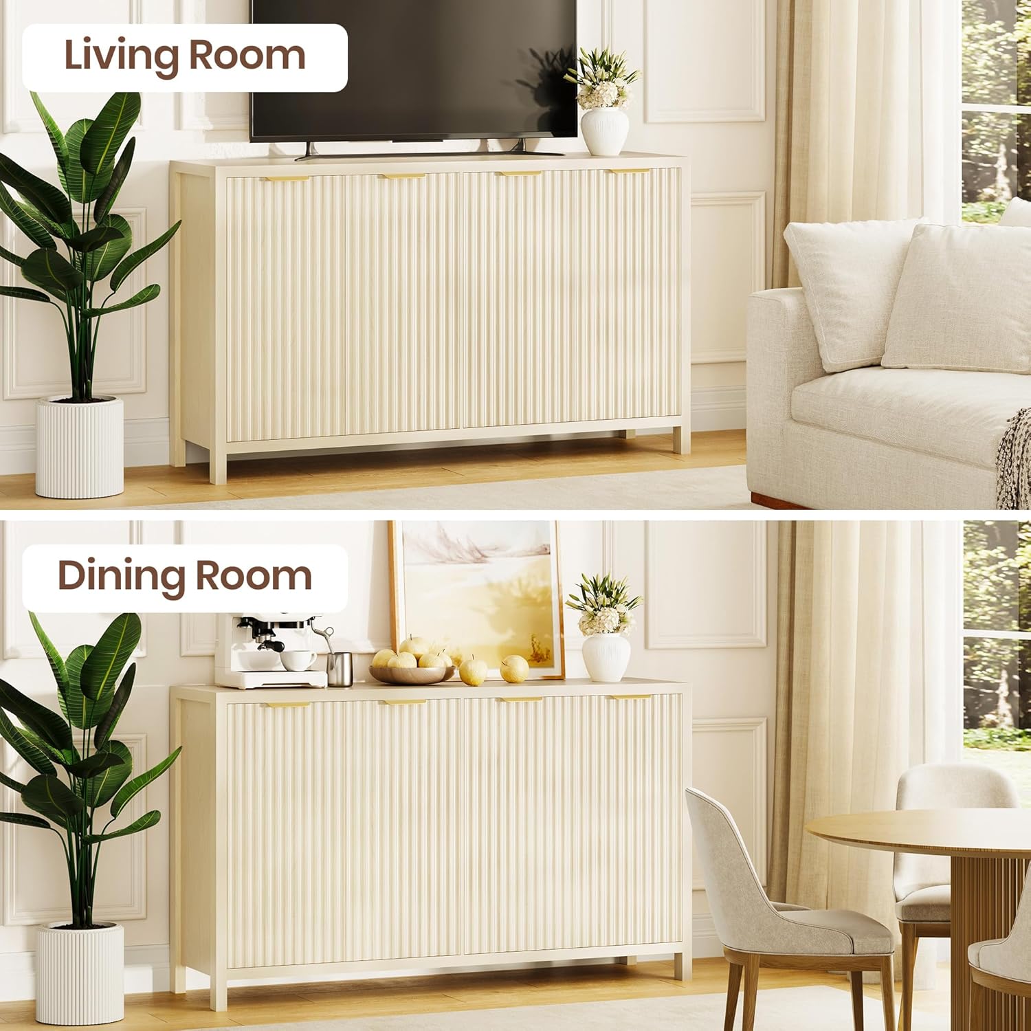 Fluted Buffet Cabinet with Storage, 55" Sideboard Cabinet with 4 Doors, Modern Credenza Accent Console Cabinet Coffee Bar Table for Living Room Dining Room Hallway, Natural