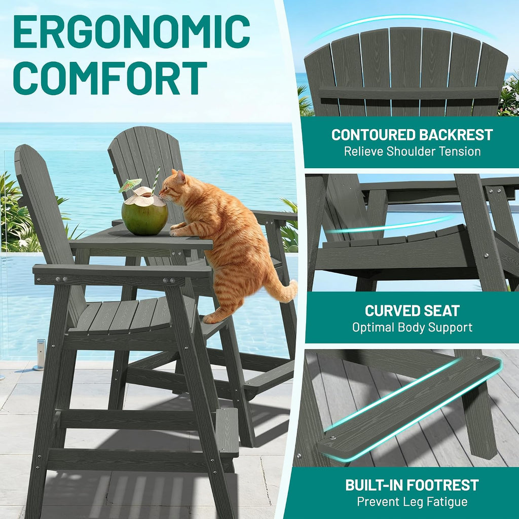 PLUUV Tall Adirondack Chairs Set of 2 with Double Connecting Trays, All Weather HDPE Bar Height Outdoor Chairs, Outdoor Adirondack Barstools with Umbrella Hole for Balcony, Patio, Backyard, Grey