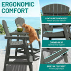 PLUUV Tall Adirondack Chairs Set of 2 with Double Connecting Trays, All Weather HDPE Bar Height Outdoor Chairs, Outdoor Adirondack Barstools with Umbrella Hole for Balcony, Patio, Backyard, Grey
