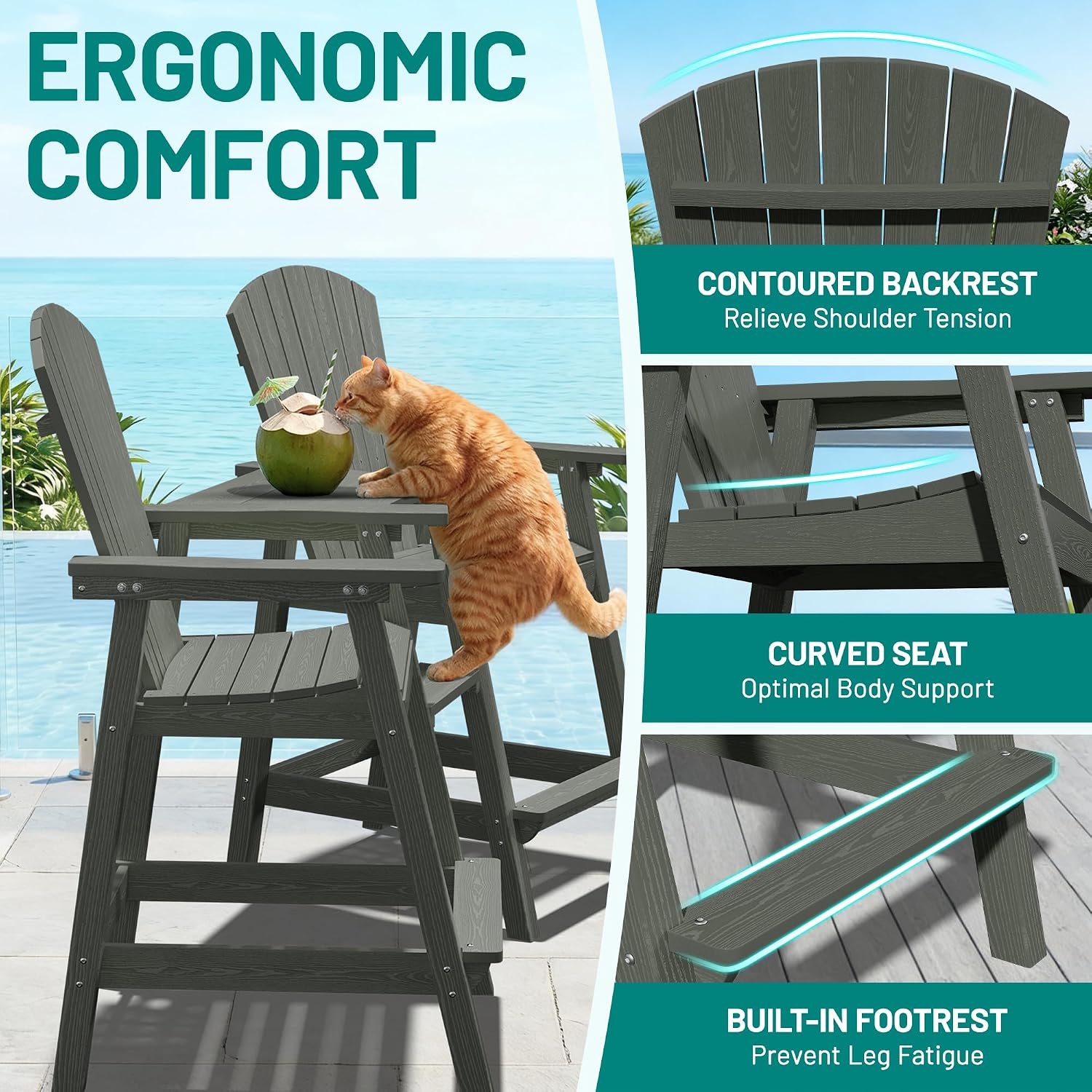 PLUUV Tall Adirondack Chairs Set of 2 with Double Connecting Trays, All Weather HDPE Bar Height Outdoor Chairs, Outdoor Adirondack Barstools with Umbrella Hole for Balcony, Patio, Backyard, Grey