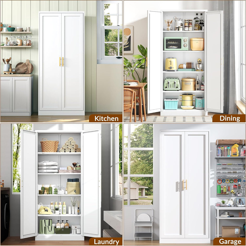 BESFUR 71" Tall White Kitchen Pantry Cabinet, Metal Food Storage Cabinet with 4 Adjustable Shelves, Freestanding Cupboard with Doors for Kitchen, Dining Room, Living Room, Bathroom, Laundry Room