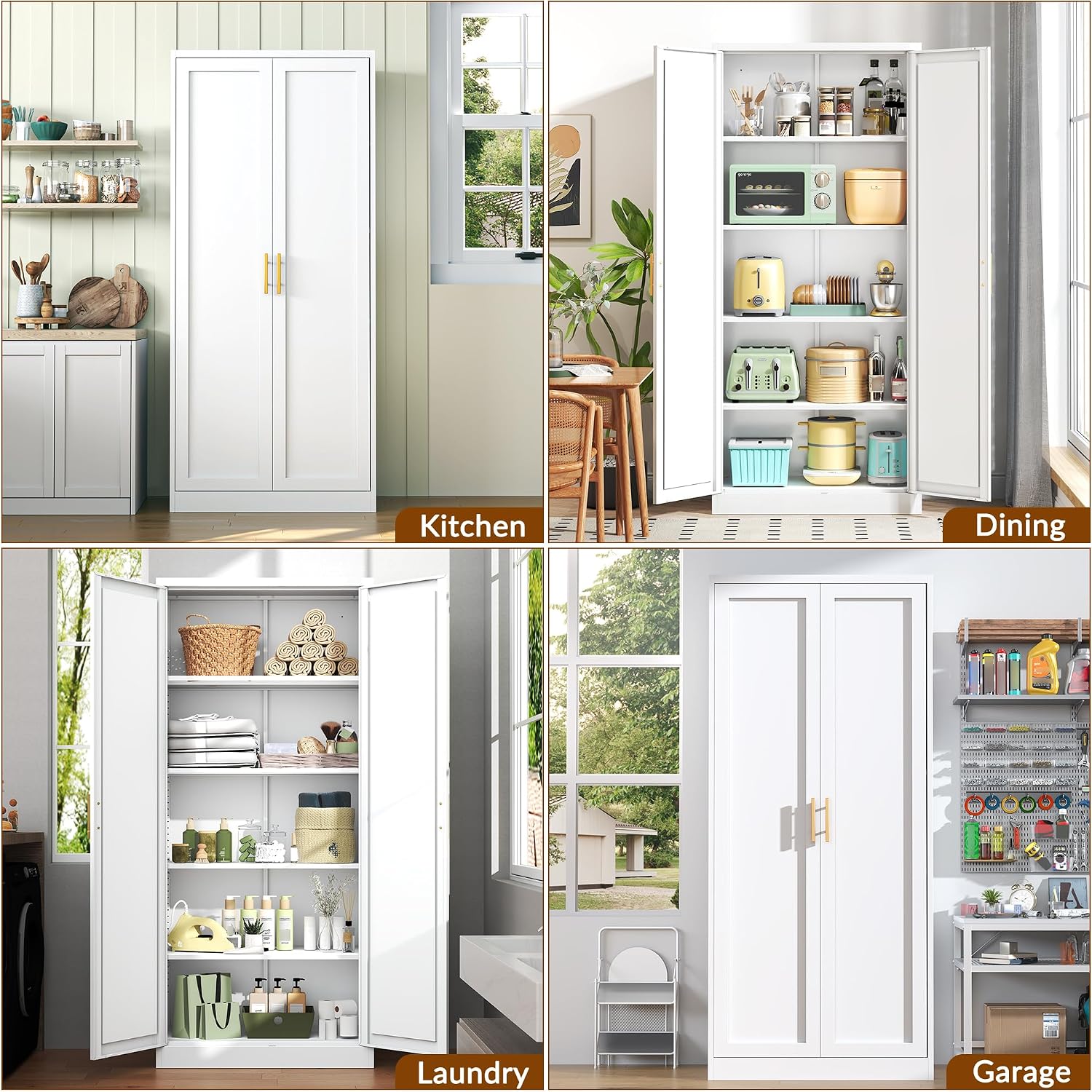 BESFUR 71" Tall White Kitchen Pantry Cabinet, Metal Food Storage Cabinet with 4 Adjustable Shelves, Freestanding Cupboard with Doors for Kitchen, Dining Room, Living Room, Bathroom, Laundry Room