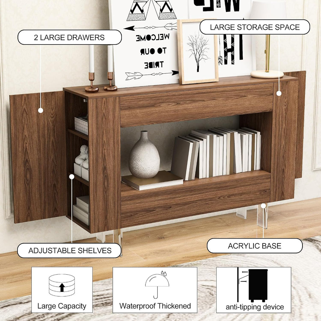 Console Table Entryway Table with Push-Open Doors - Modern Sofa Table with Open Shelf for Foyer, Living Room, Bedroom, Woodgrain Finish, Brown