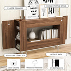 Console Table Entryway Table with Push-Open Doors - Modern Sofa Table with Open Shelf for Foyer, Living Room, Bedroom, Woodgrain Finish, Brown