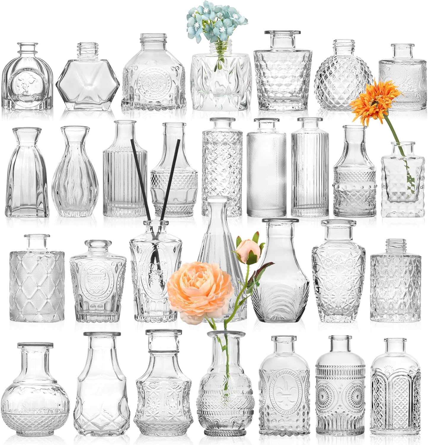 Small Bud Vases, Vintage Clear Glass Bud Vases in Bulk with Unique Embossed Patterns for Wedding Centerpieces, Table Decor, Rustic Party Reception Decorations (Clear)