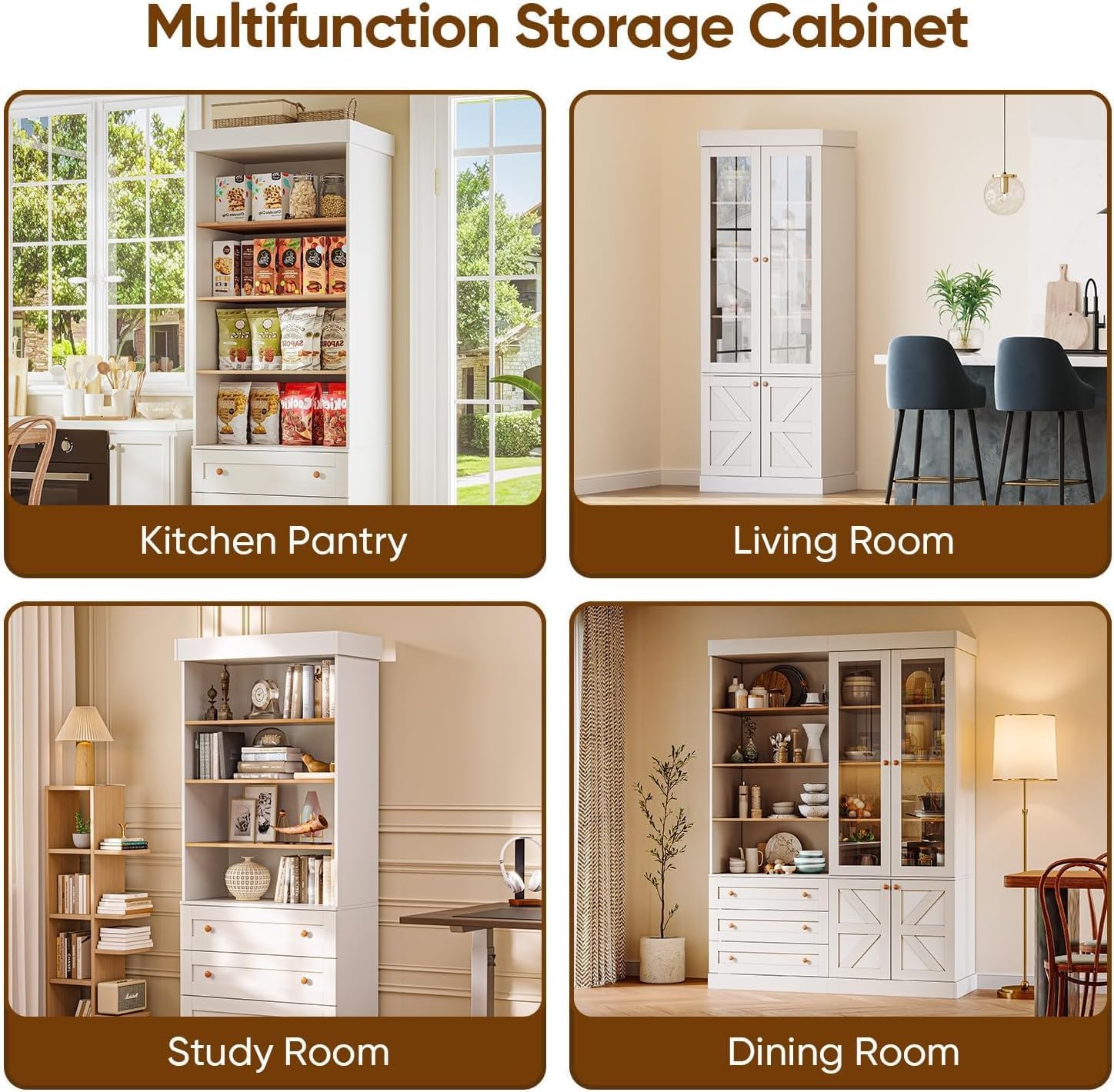 ivaniti 71" Tall Kitchen Pantry Cabinet, Rustic Farmhouse Storage Hutch with Glass Doors & Adjustable Shelves, Freestanding Wood Buffet Cabinet for Dining Room, Living Room, White