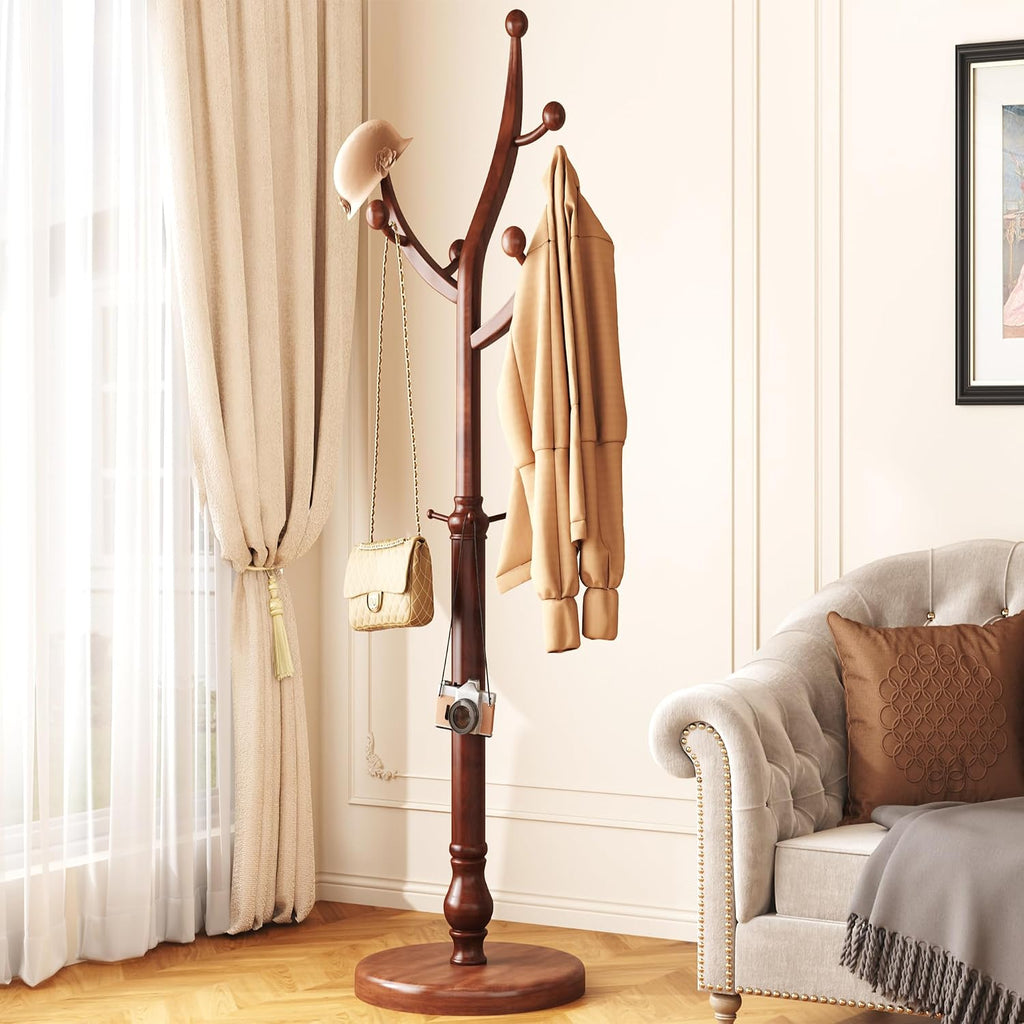 HOMEFORT Coat Rack Freestanding, Wooden Coat Tree Rack with 11 Hooks, Heavy Duty Wood Clothes Hanger with Sturdy Round Base, Vintage Coat Hat Stand for Entryway, Hallway, Bedroom,Walnut
