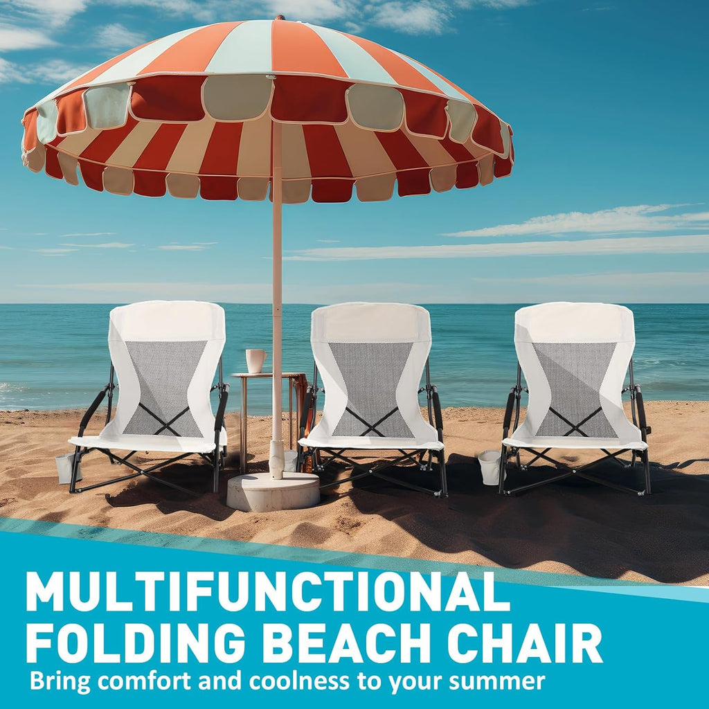 Menkxi 4 Pack Low Beach Chairs for Adults, Portable Folding Sand Chairs with Cup Holder and Carry Bag, Lightweight High Back Camping Chair for Beach Trips, Concerts, BBQ, Lawn, Outdoor (Light Grey)