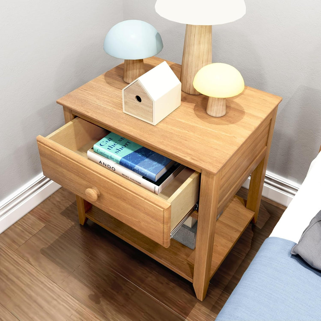 Max & Lily® Kids Wooden Nightstand with Drawer & Open Shelf, Solid New Zealand Pine, Low-VOC, Easy Assembly, Pecan