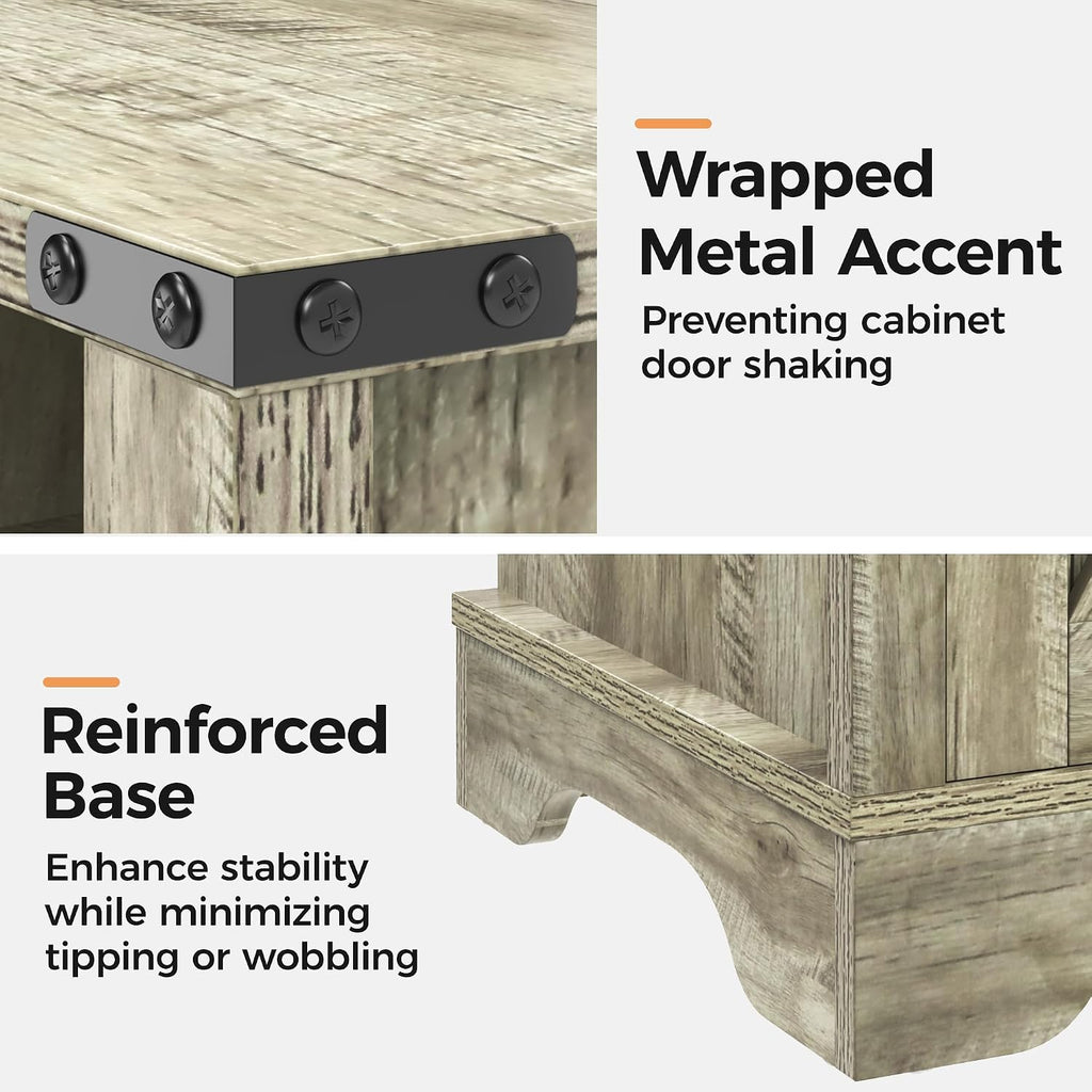 RoyalCraft Farmhouse Nightstand Set of 2 with Charging Station, Wooden End Table, Rustic Night Stand with Storage Cabinet and Shelf, Tall Bedside Table for Bedroom, Living Room, Light Grey