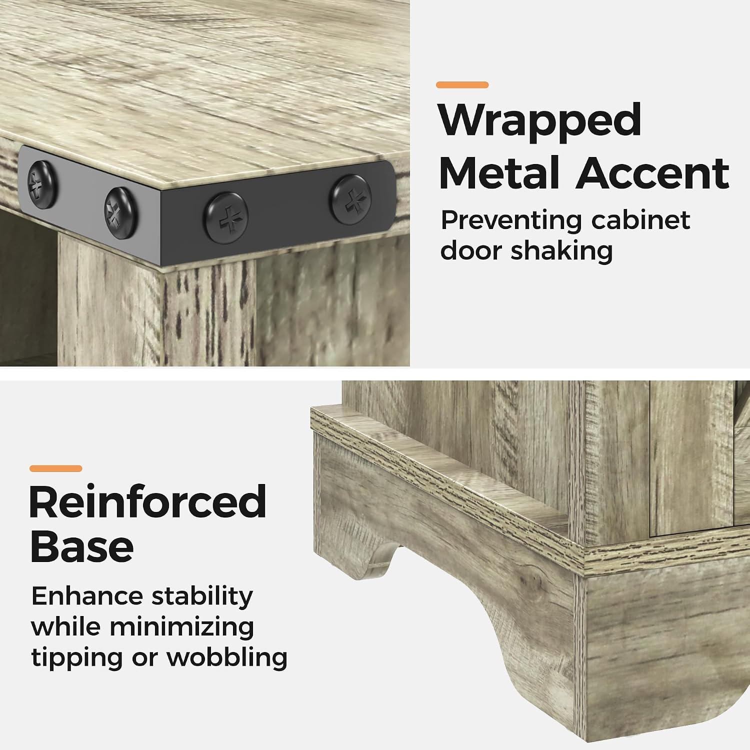 RoyalCraft Farmhouse Nightstand Set of 2 with Charging Station, Wooden End Table, Rustic Night Stand with Storage Cabinet and Shelf, Tall Bedside Table for Bedroom, Living Room, Light Grey